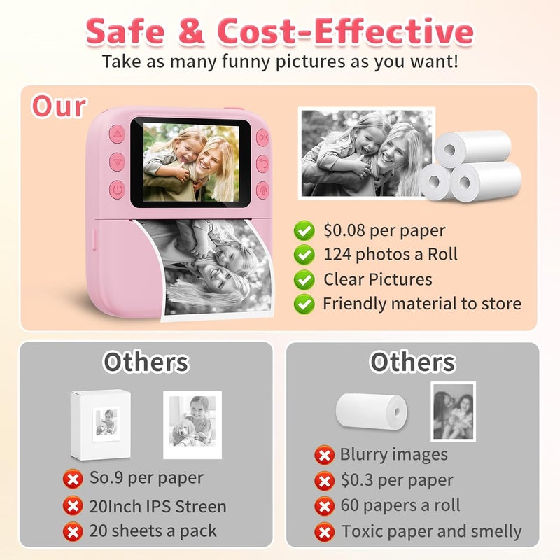 Yusuuo Instant Print Camera for Kids, Christmas Birthday Gifts for Girls Boys, 1080P Instant Digital Print Cameras for Toddler,Portable Toy for 4 5 6 7 8 9 10 Year Old Girl with 32GB SD Card，Pink - Image 5